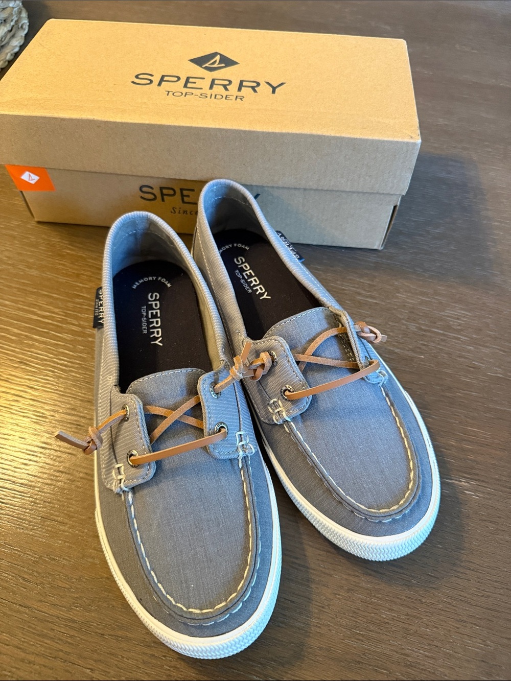 Sperry Women's Gray Canvas Slip-On Boat Shoes with Tan Laces